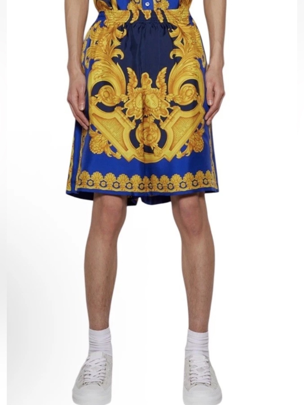 VERSACE Men’s Barocco 660 Silk Shorts Navy Cobalt And Gold Size 52 (XL) $1,250